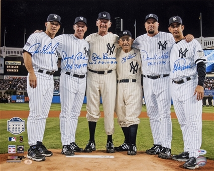 New York Yankees Perfect Game Pitchers & Catchers Multi-Signed 16 x 20 Photograph With Larsen, Berra, Wells, Cone, Girardi & Posada (PSA/DNA)
